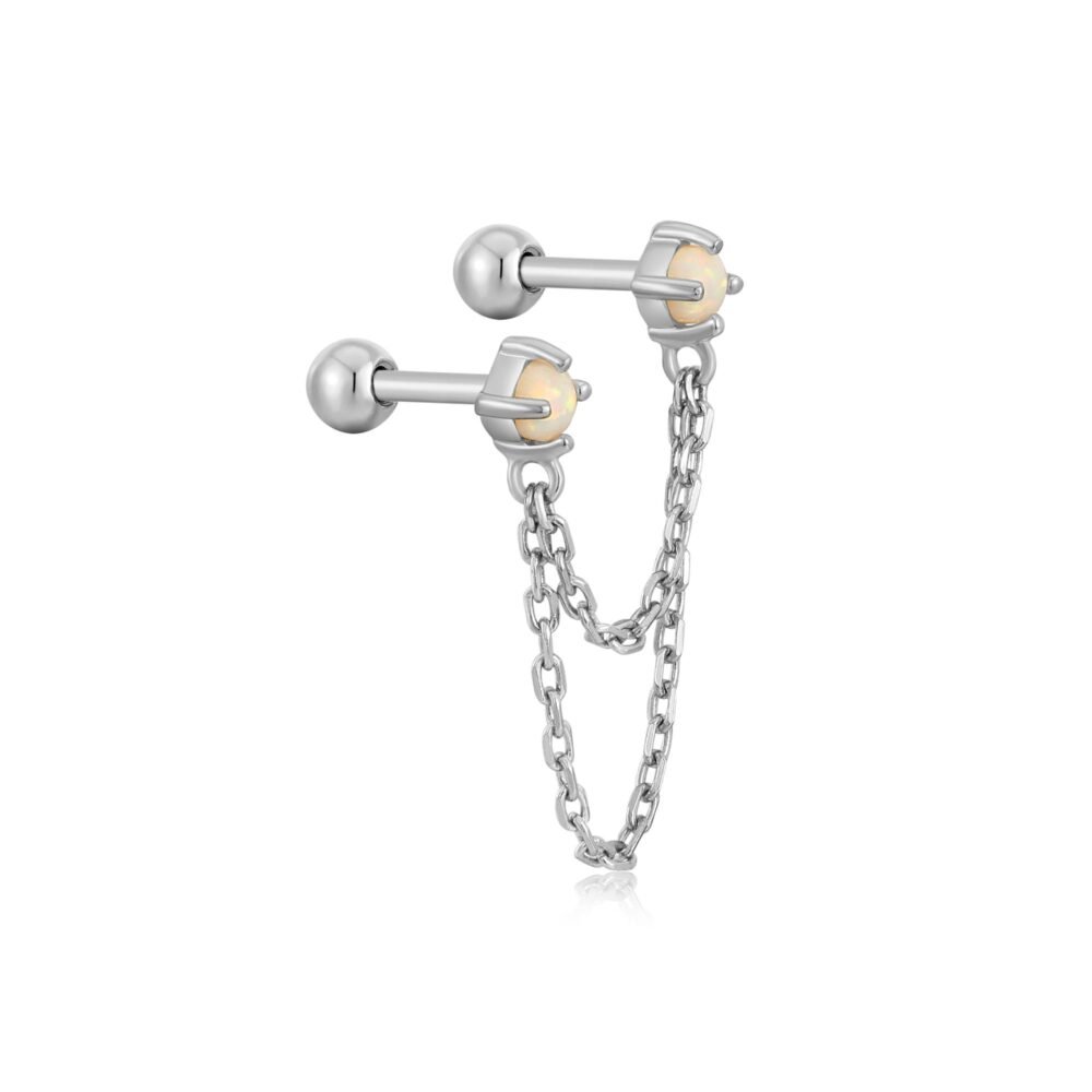 Silver Kyoto Opal Drop Chain Barbell Single Earring - Image 3