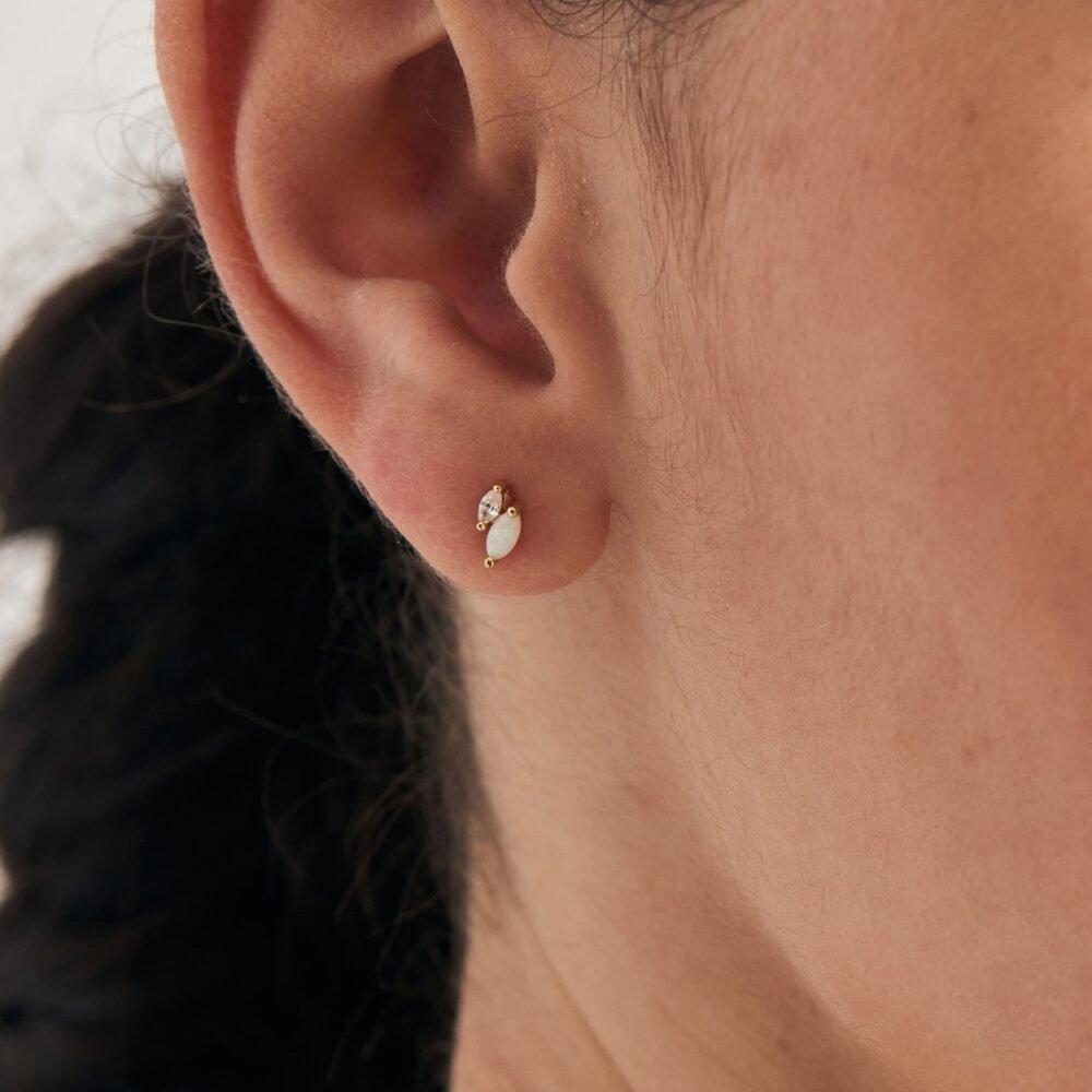 Gold Kyoto Opal and Sparkle Marquise Barbell Single Earring - Image 2